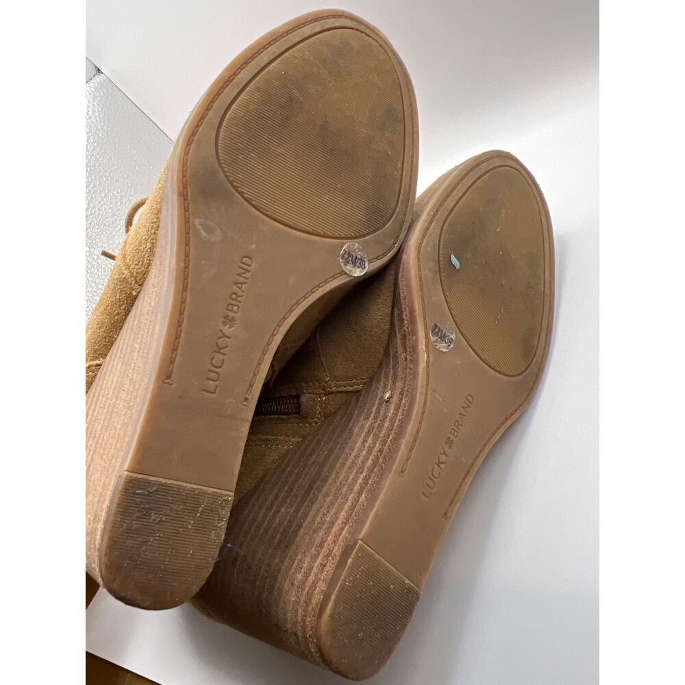 Lucky Brand Shylow Suede Wedge Booties Tan Lace Up Side Zip Boots Women 7.5 - Picture 7 of 7